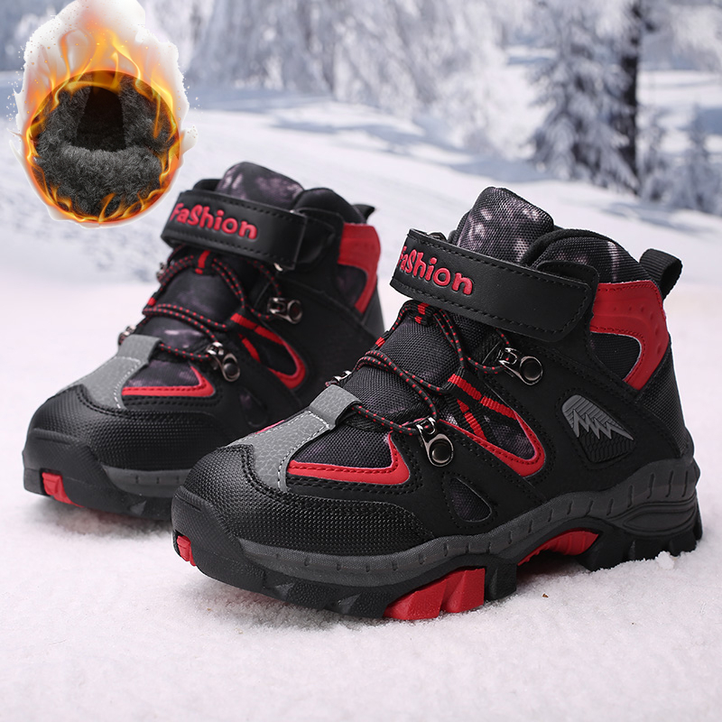 

Snow Winter Boots For Boys Kids Teenagers Children Hiking Shoes Walking Climbing Sneakers Girl Warm Plus Fur Outdoor Sport, Black red