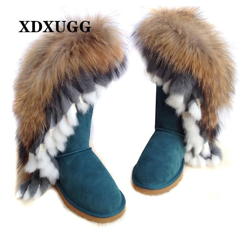 

XDXUGGFashion Fur Woman Knee High Cow Suede Leather Winter Boots for Lidies Snow Boots Fur Tassels Keep Warm, Black