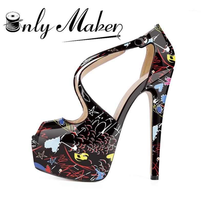 

Onlymaker Women Peep Toe Platform Stiletto Pumps White and black Graffiti Colorful Fashion Thin High Women Shoes1, H171207