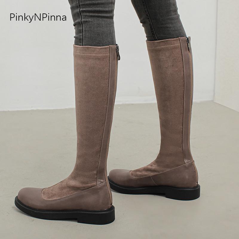

hot women fashion long knee high boots back zip soft flock plush lining warm winter office commuter plus size casual lady boots, Black plush lining