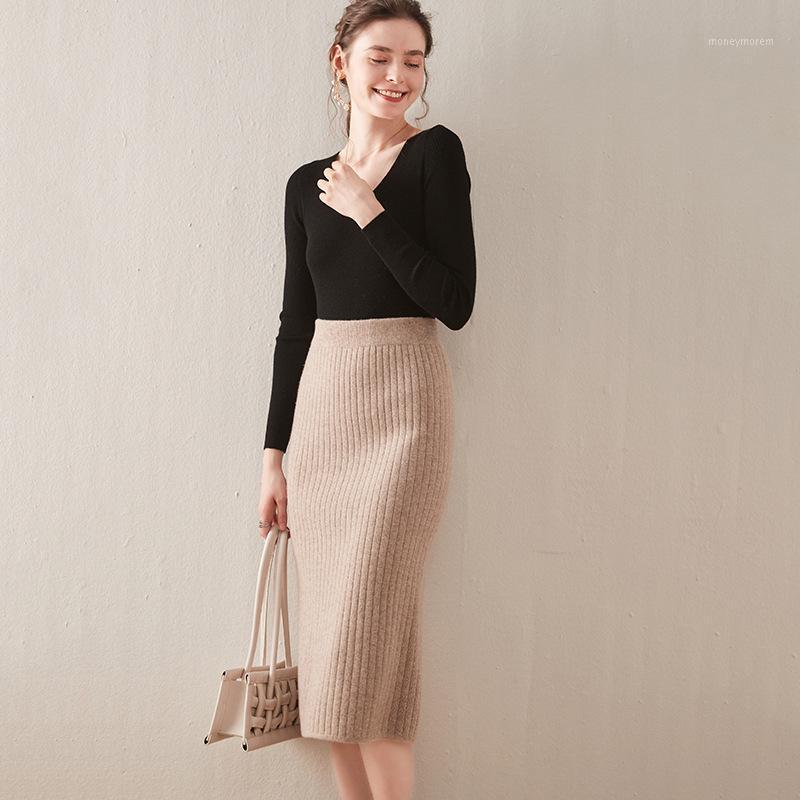 

Autumn / winter 2020 women's genuine wool half skirt, hip skirt, one-step high waist, slim knitting medium length1, Black