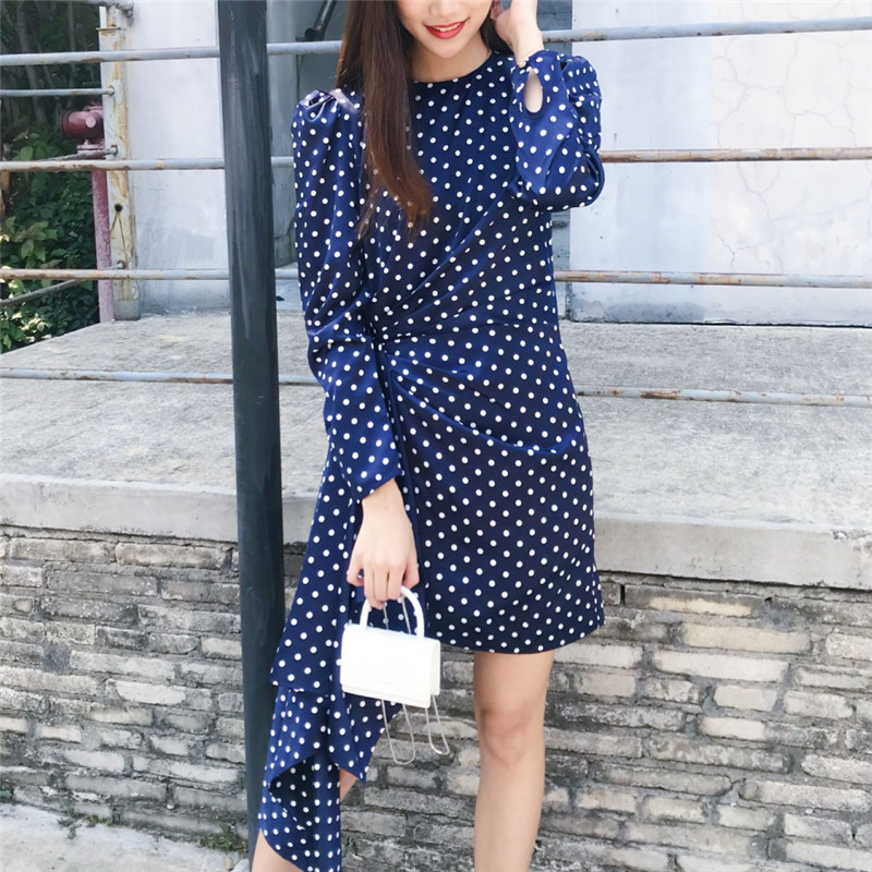 

New Elegant Women Polka Dot Es 2021 Fashion Ladies Blue O-neck Cotton Vestidos Sweet Female Chic Draped Asymmetric Lqyx