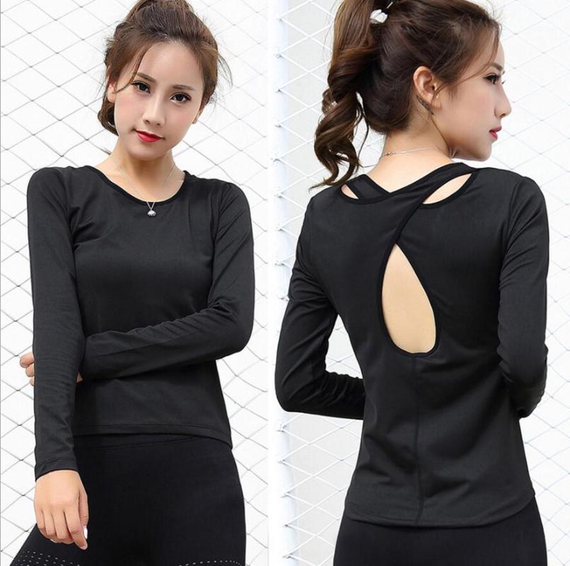

Womon Tights Sport T-shirt yoga long Sleeve with sexy Back hole crossing Fitness High elasticity sport Clothes Tees& tops1, Black