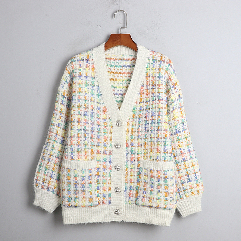 

High Quality Female Designer Plaid Mesh Cardigans Rainbow-iris Color Shirts Double Pockets with Cleavage v Elegant Party Outerwear N6qi, White