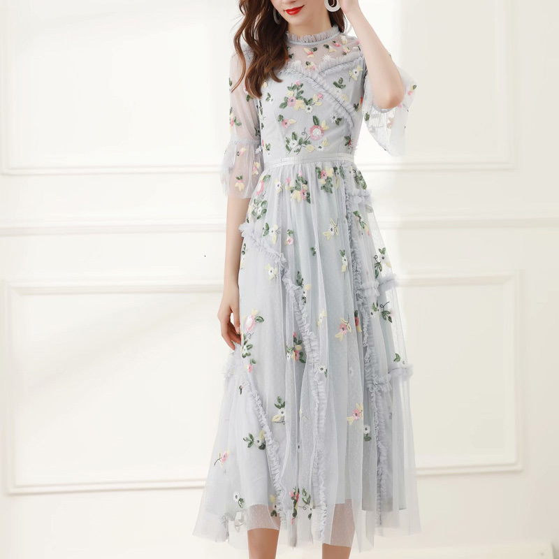 

Summer Retro Ethnic Style Sequins Trumpet Flowers Sleeves Elegant Party Meadows Length of Women New High Quality Clothes H73z, Sky blue.