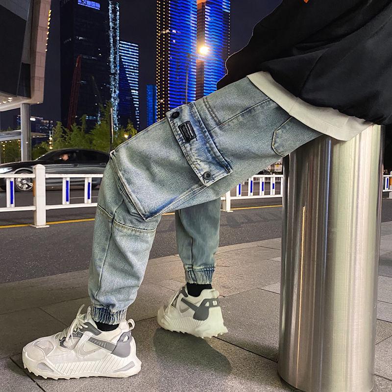

Men's jeans 2021 spring and winter new slim solid color tooling nine-point pants jeans loose casual young men's clothing, Blue