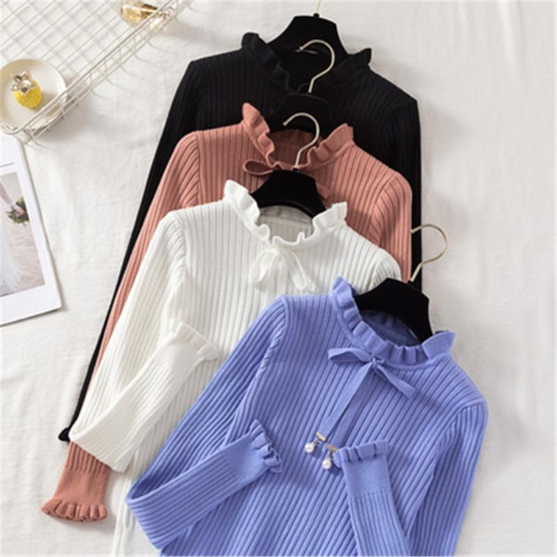 

Women's Sweaters Turtleneck Sweater Women Pullover Knitted Jumper Long Sleeve Autumn Winter Girls Female Ladies Basic Bow-Knot Pull Femme, White;black