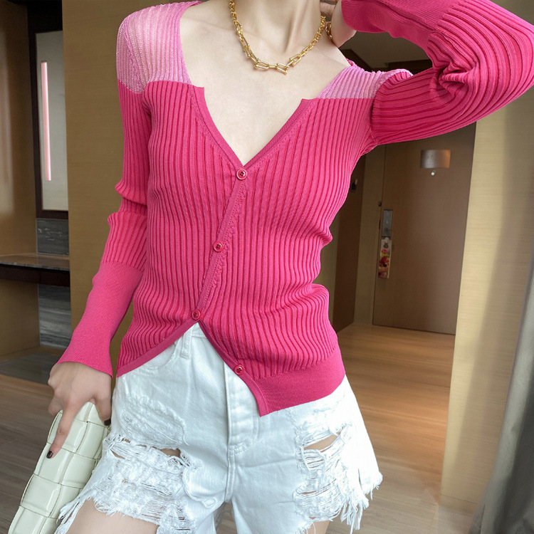 

2021 New Scheming new thin ice silk top V-neck semi-perspective catwalk long-sleeved sexy stitching sweater cardigan women X28R, Navy blue