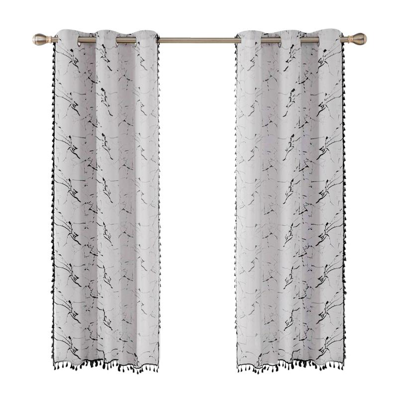 

2pcs Bedroom Easy Install Home Semi Shading Cotton Blend Marble Tassel Blackout Rod Window Curtains Hall Drapes Darkening