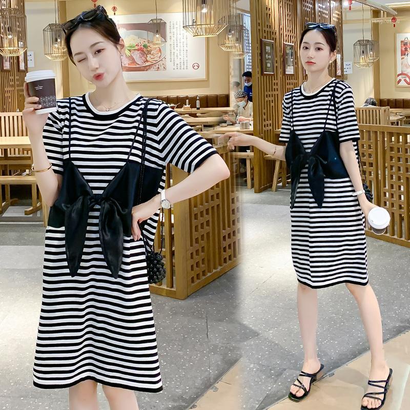 

9352# Maternity Dress Summer Short Sleeve stripe Easy Matching Loose Stylish Dress for Pregnant Women Mom1, The picture color