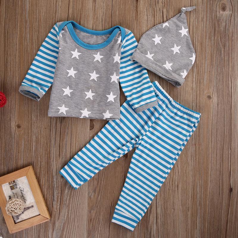 

0-18 M Spring US Stock Infant Baby Girl Boy Stripe Star Tops T-shirt+Long Pants Hat Outfits Set Clothes1, Blue