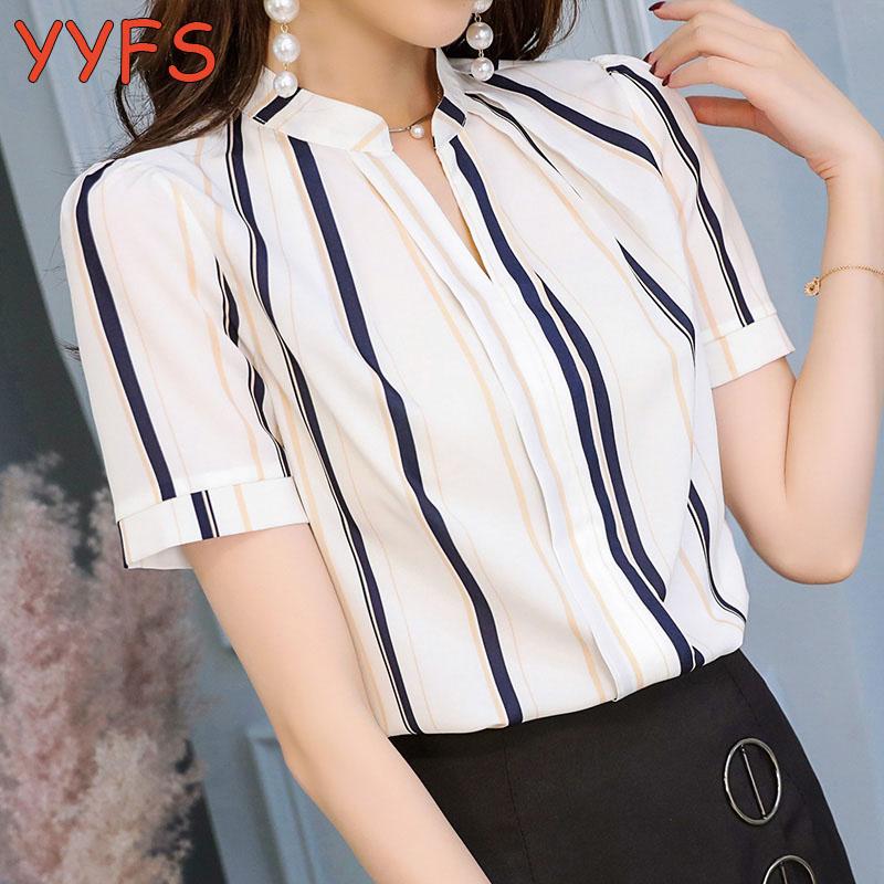 

Women Chiffon Tops and Blouses Office Lady Short Sleve Casual stripe Shirts Summer V-neck Work Formal Shirts Female Plus Size, White
