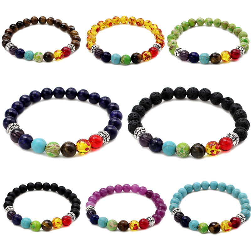

Natural Stone Tiger Eye 7 Chakra Bracelets & Bangles Yoga Balance Beads Buddha Prayer Elastic Bracelet Men Women Jewelry Gift 12 N2
