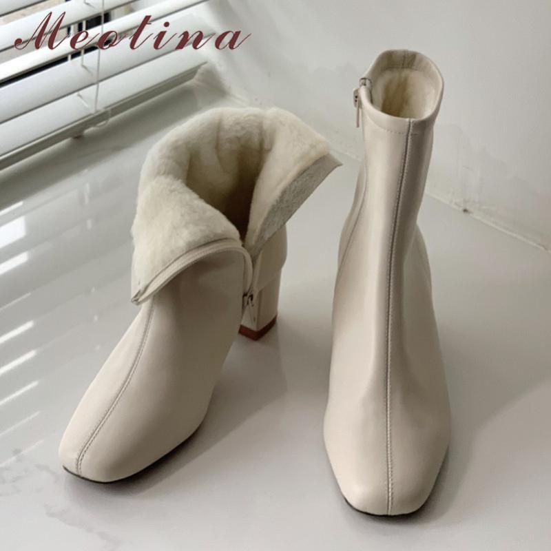 

Meotina Real Leather High Heel Ankle Boots Women Square Toe Zipper Short Boots Shoes Thick Heels Warm Female Winter Beige, Black