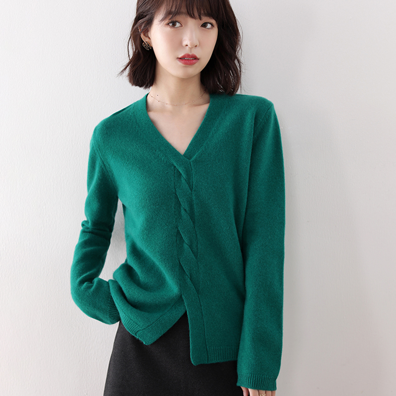

2021 New 100% Pure Wool Knitted for Women Hot Sale V-neck Soft Pullovers Ladies 3colors Jumpers Twisted Sweaters Afgp, As picture 3