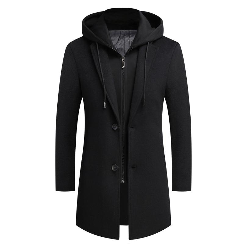 

Men's Hooded Wool Jacket Winter Autumn Mens Long Windproof Woolen Coat Casual Thick Slim Fit Jacket Male Trendy Korean for Young, Black