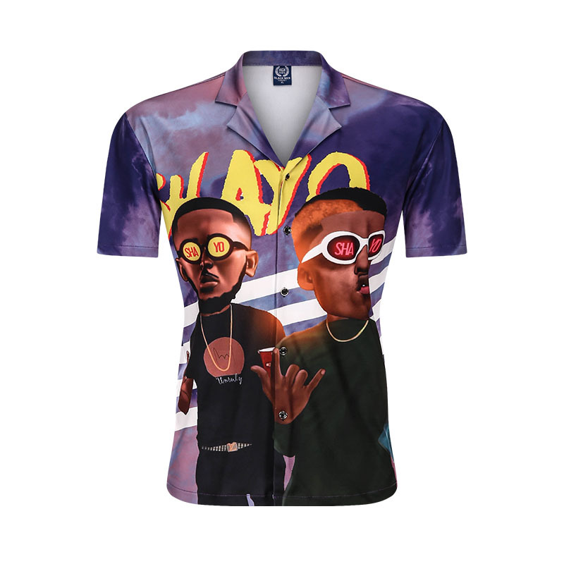 

2020 of the Handsome Cartoons Printed Men's Shirt Casual Hip Hop Male Shirts Turn-down Collar Single Blouse Breasted, Blue