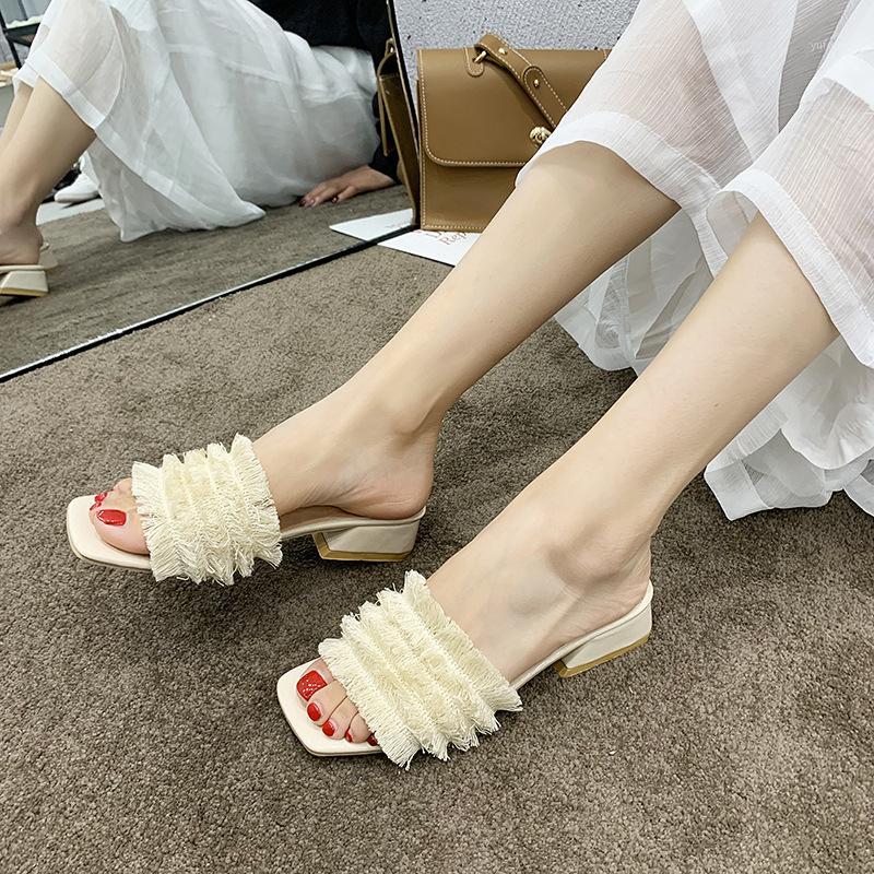 

Summer new open-toed sandals fashion Korean suede square toe mid-heel slippers casual everyday1, Black