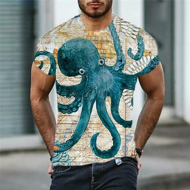 Men's T shirt 3D Print Graphic Octopus Crew Neck Daily Sports Print Short Sleeve Tops Casual Classic Designer Big and Tall Khaki L61e#