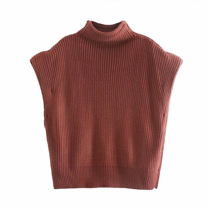 

New Women Brown Shrug Turtleneck Knitted Sweater 2020 Fashion Sleeveless Vest Autumn Winter Jumper Loose Casual Tops XQJ9601