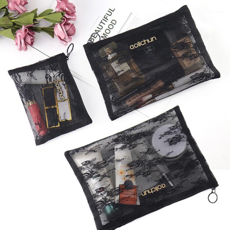 

3pcs Transparent Lace Mesh Cosmetic Bag Female Portable Large Capacity Travel Storage Toiletry Pouch1