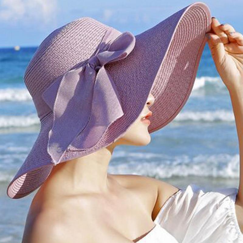 

Travel Bowknot Design Lightweight Fashion UV Protection Straw Beach Cap Wide Brim Casual Solid Foldable Sun Hat Rollable Outdoor, Beige