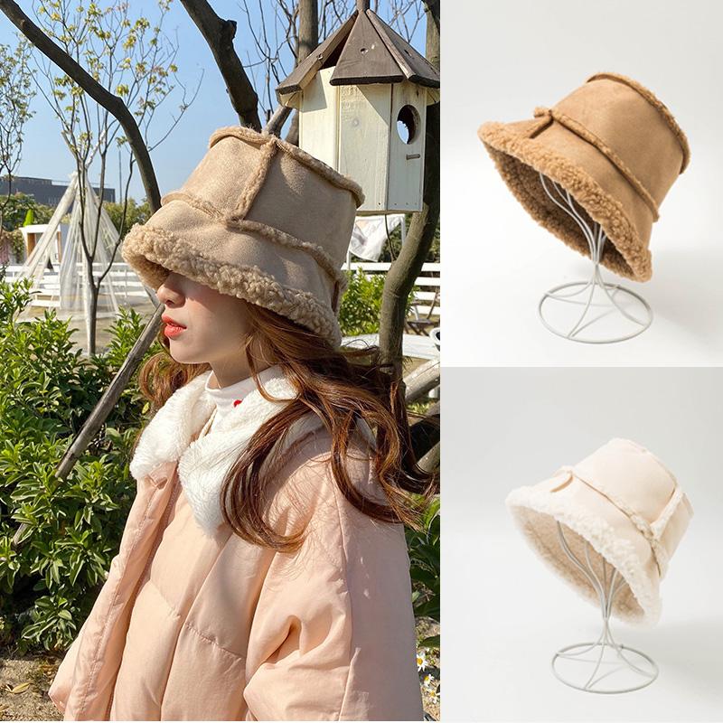 

MueRaa Fashion Winter Autumn Warm Suede Lambswool Bucket Caps Fisherman's Hat Thick Double Side High Quality Outdoor Sun Hats, White