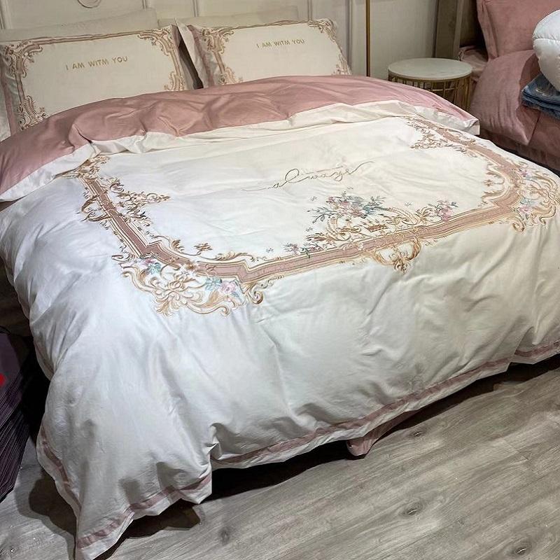 

New Luxury White Pink Pastoral Flower Embroidery 1000TC Egyptian King Cover Cotton Bed Duvet Set Sheet Bedding Queen Pillowcases