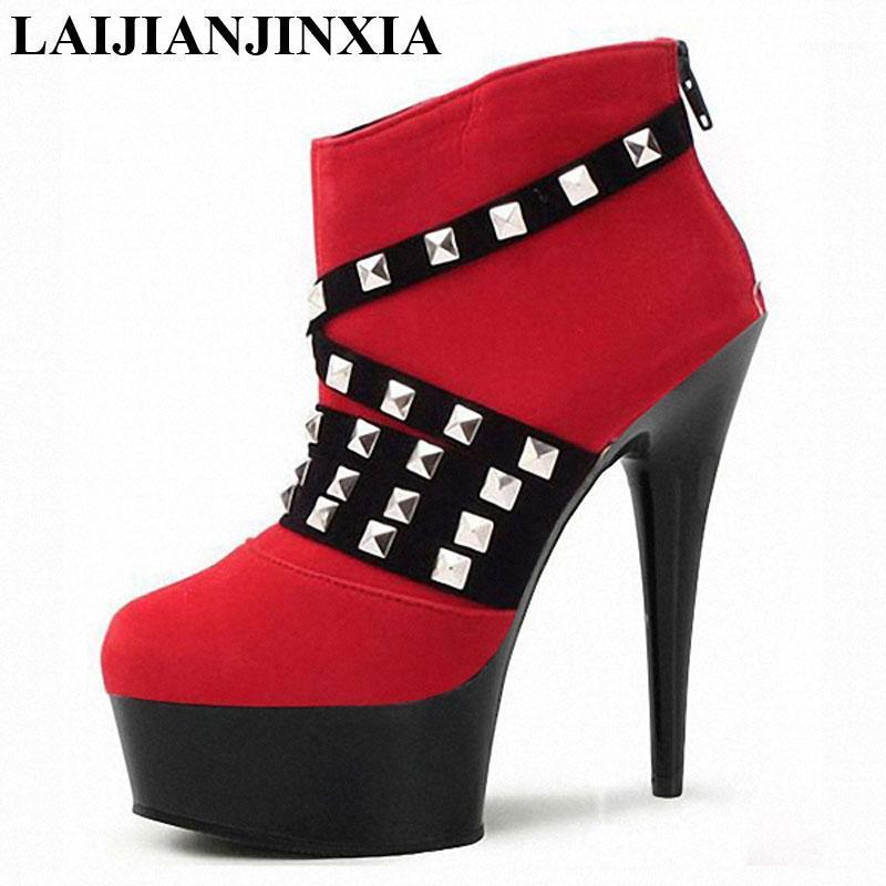 

LAIJIANJINXIA 15cm Women Motorcycle Boots Short Ankle Winter Boots 2020 New Fashion Rivet Classic Style 6 inch Heel-height1, C110 c