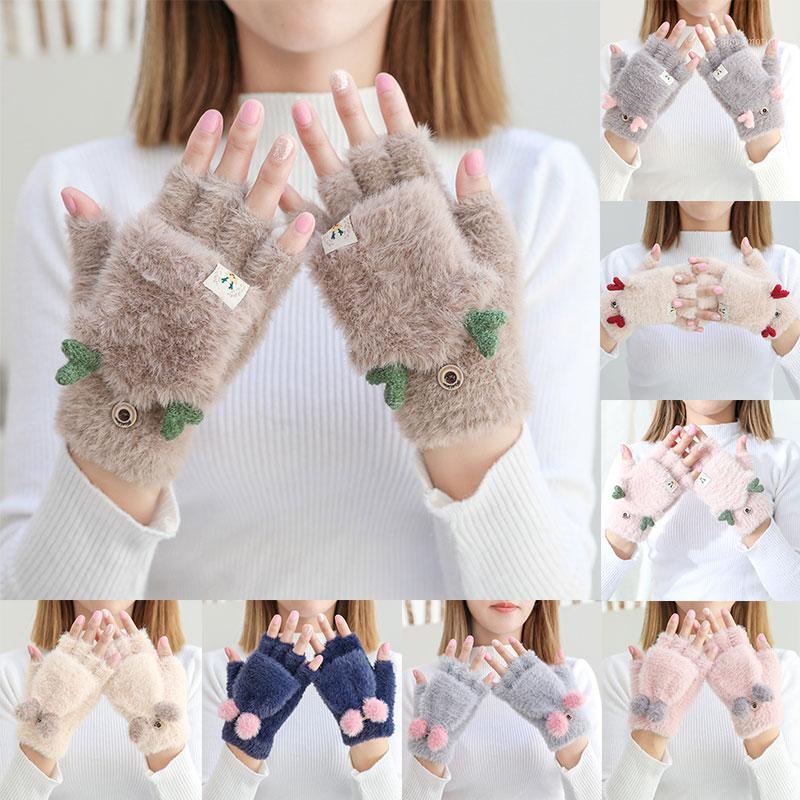 

Winter Plus Velvet Knitted Gloves Women Touch Screen Driving Gloves Half Finger Antlers Ears Cartoon Cat Claw Mittens1