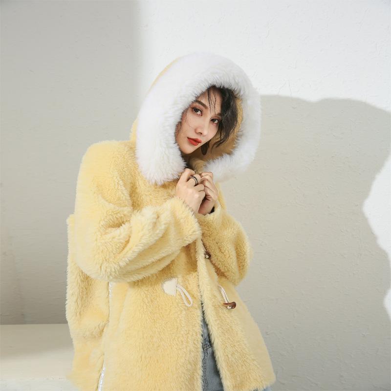

Fur Winter Coat Women Real Clothes 2020 Korean 100% Wool Jacket Sheep Shearing Hooded Warm Jackets and Coats 19019 YY1772, Yellow