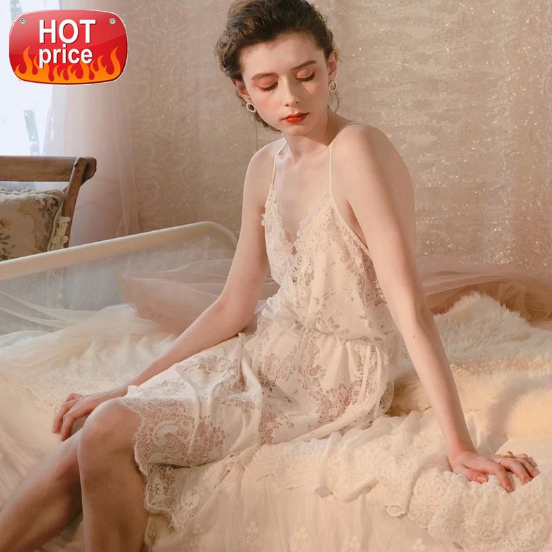 

Sexy Night Dress Deep V Nightgown Thong Sets Sexy Lace Sleep Wear Wedding Hollow Out Sleeveless Backless See Through Embroidery #T29F, Black;white