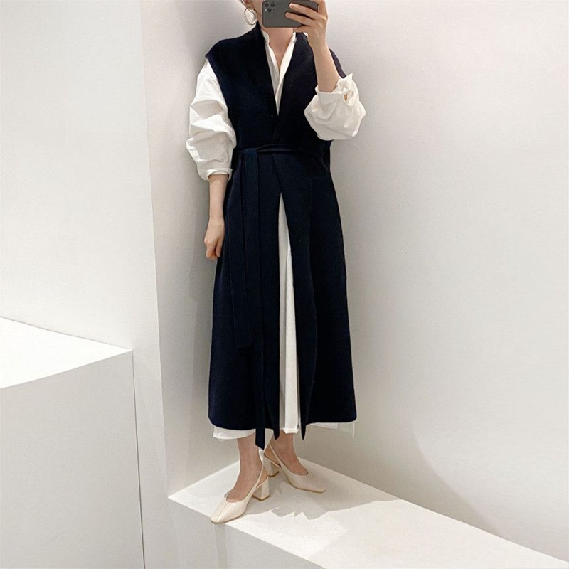 

2021 New Estilo Coreano Conjunto Duas Peas Outono Chique Solto Puff Manga Camisa Vestido V-neck Malha Colete Ternos Suor Feminino 2 ATIM, Only white dress