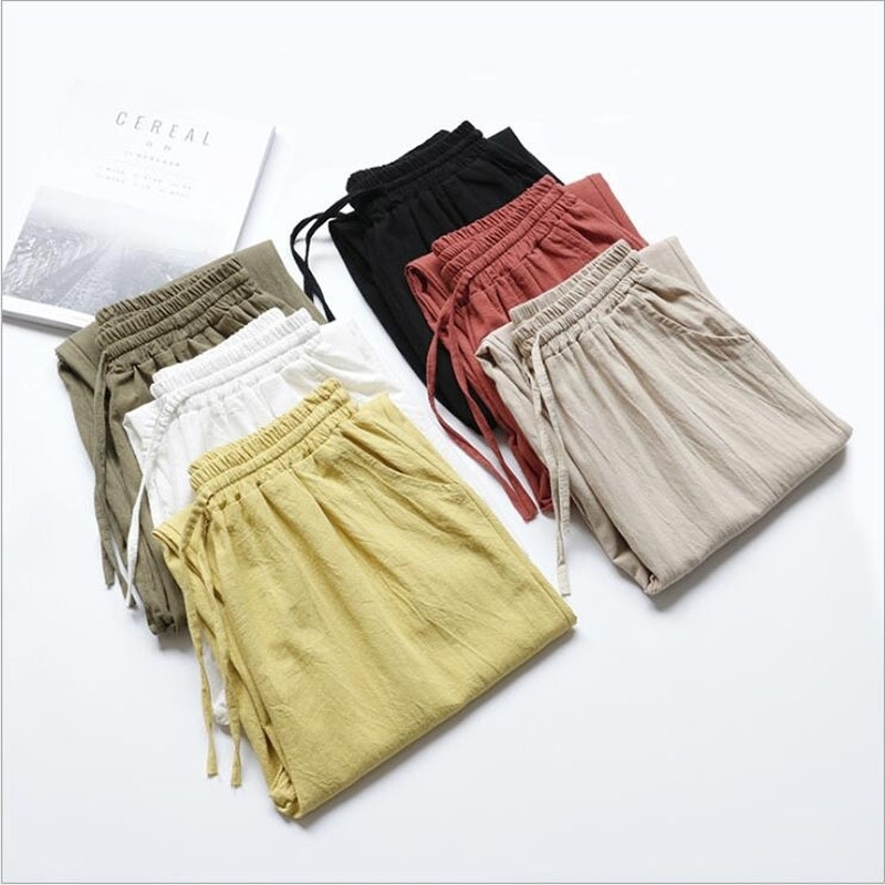 

Women Summer Flax Ninth Pants Cotton and linen Trousers High Waist Lady' Loose and Comfortable Hot Girls' Casual Cloth Garments 201118, Rose