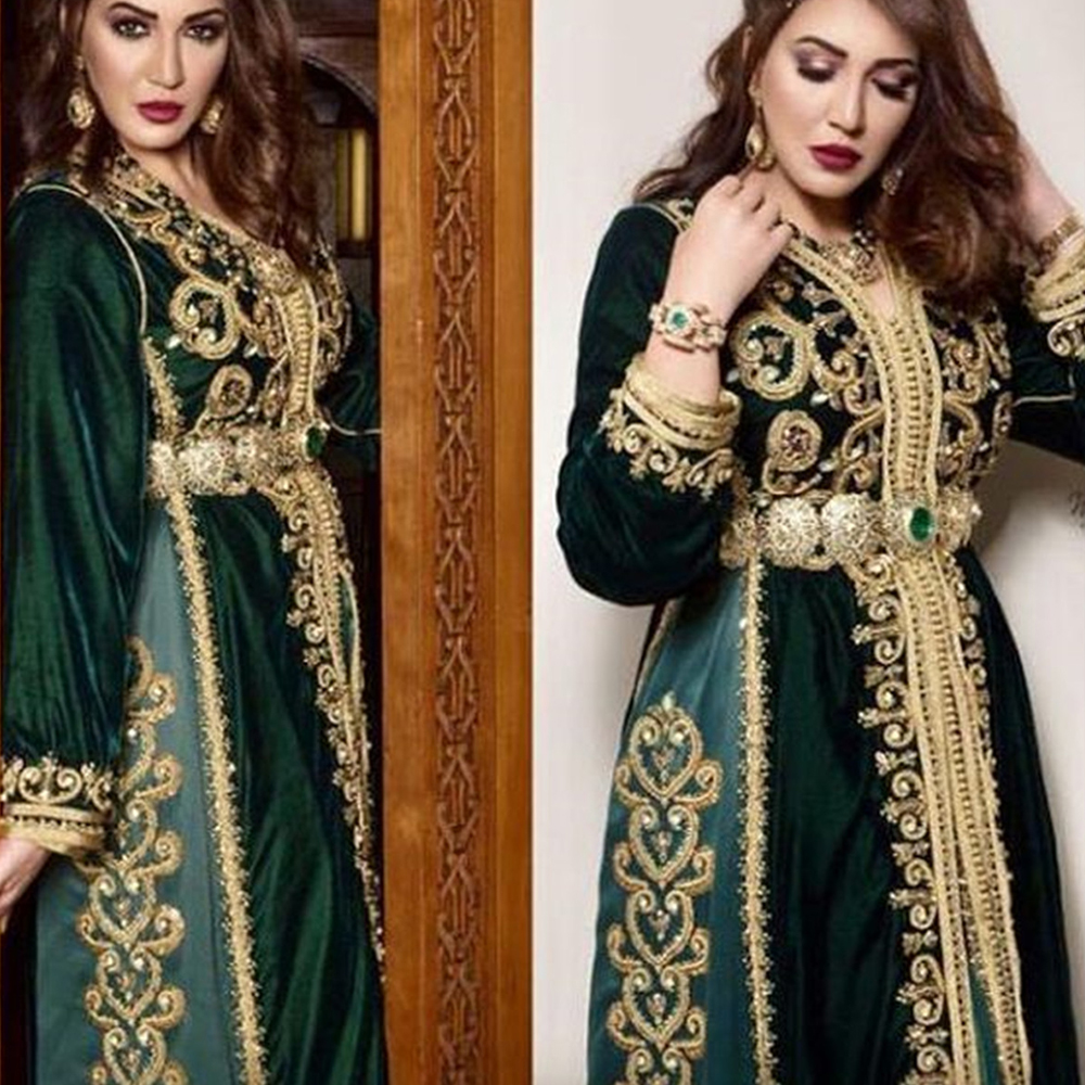 

Elegant Arabic Kaftan Moroccan Dark Green Evening Dresses Long Sleeve Embroidery Appliques Beads Floor Length Caftan Dress Muslim Vestidos, Gold