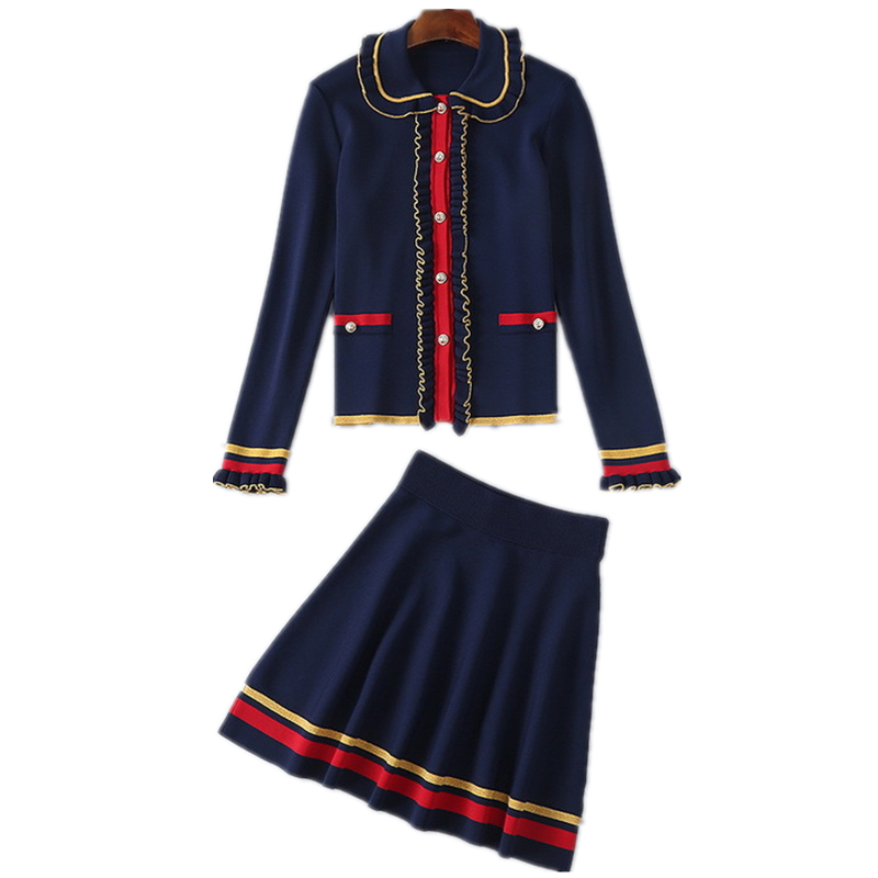 

2021 New New England Style 2 Piece Set Runway Winter Coat Knitted Wool Sweater Skirt of the Unique Women' Lazer Gold Vm2u