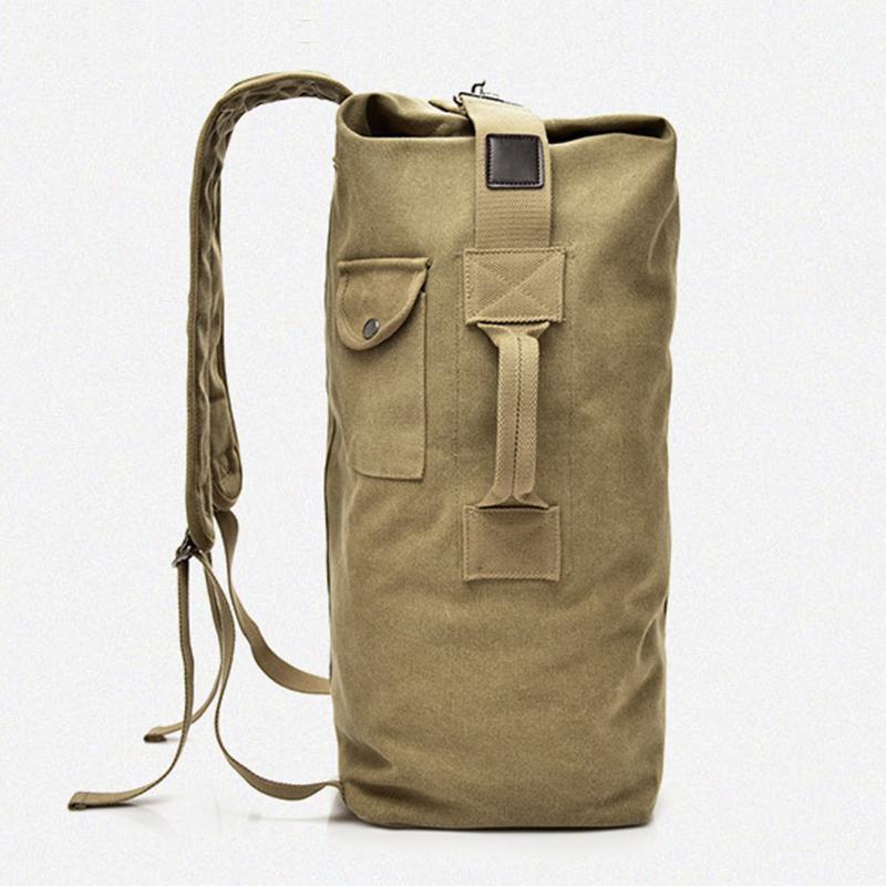 

Backpack Men Canvas Multifunction Bucket Shaped Shoulder Bags Tourist Foldable Large Backpacks Travel T5921, Khaki
