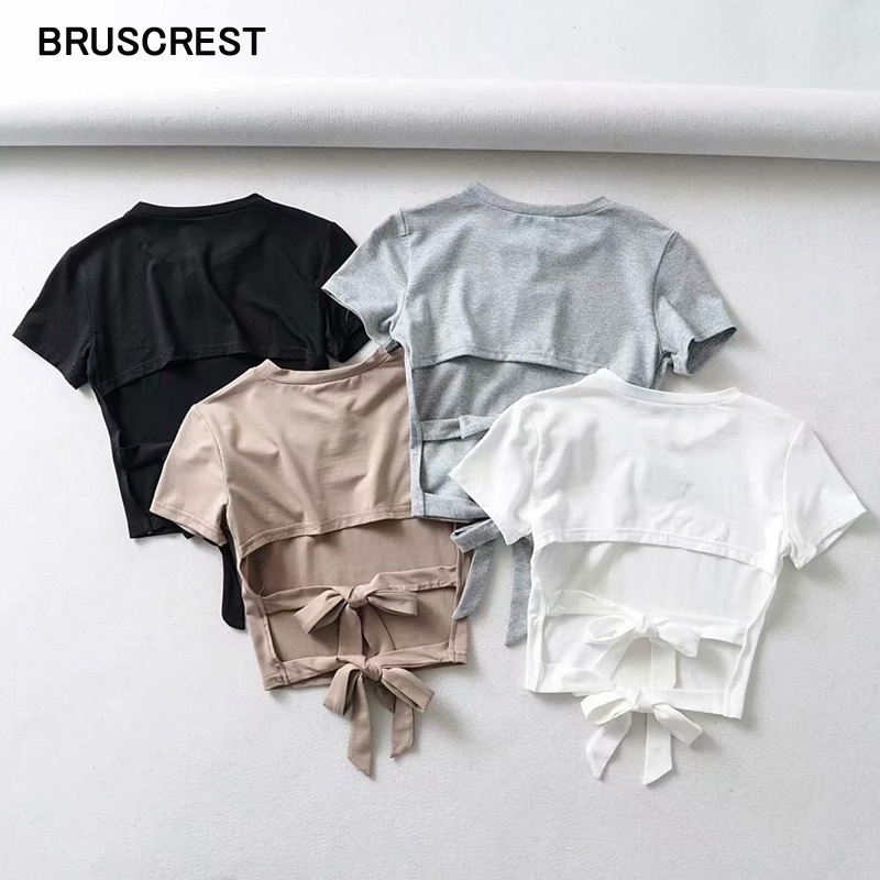 

Vintage Summer top black white t shirt crop top women backless boe tie hollow out short sleeve sexy tshirt streetwear Y200422, Gray