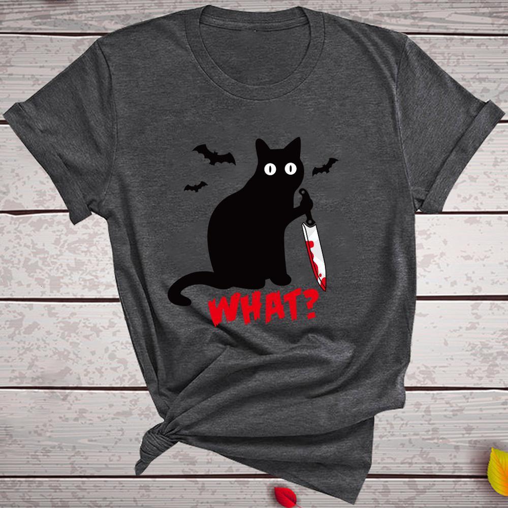 

2021 New Women Whatbloody Dagger Cat Printed Casual Top Tees 100% Cotton o Neck t Shirt Plus Size Etjv
