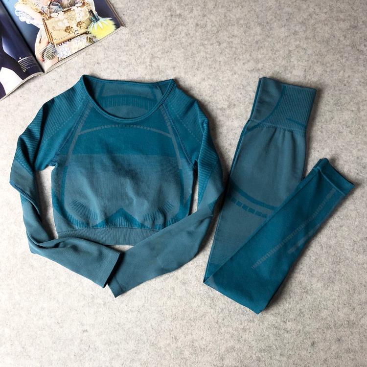 

Women Yoga Set Fitness Sports Suits Long Sleeve Crop Top Shirts+High Waist Gym Leggings 2PCS Sport Workout Clothing, Blue pant