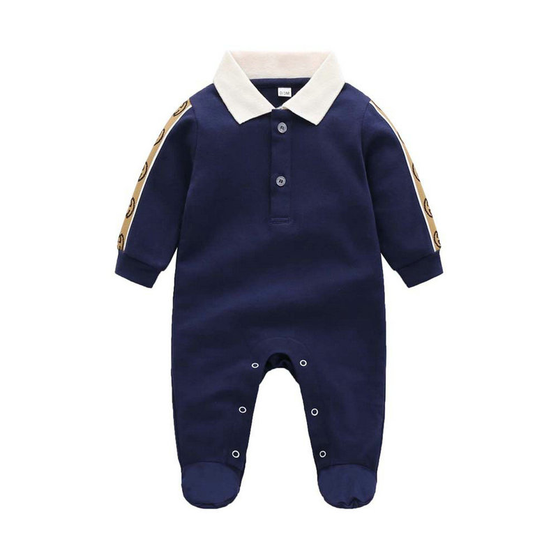 

100% cotton kids designer Rompers baby boy girl top quality Long sleeve clothes 1-2 years old newborn Spring Autumn lapel Jumpsuits children's clothing G061, Blue