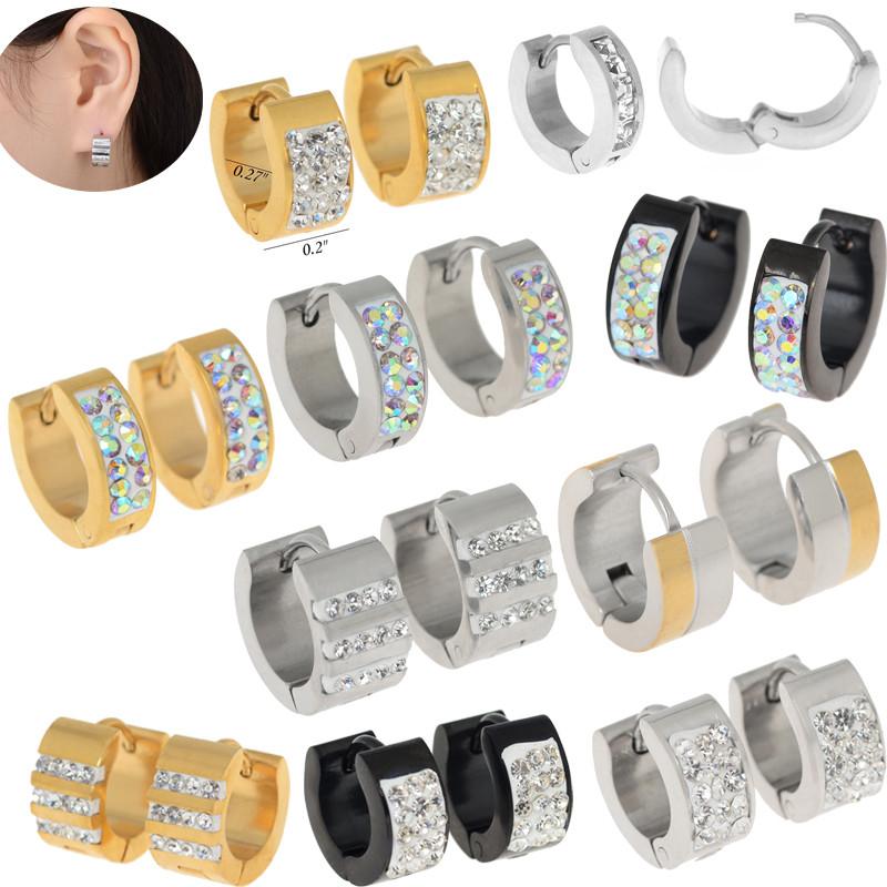 

PINKSEE 1Pair Punk Crystal Rhinestone Hoop Earrings For Women Men FashionGold Black Color Ear Piercing Jewelry Gifts