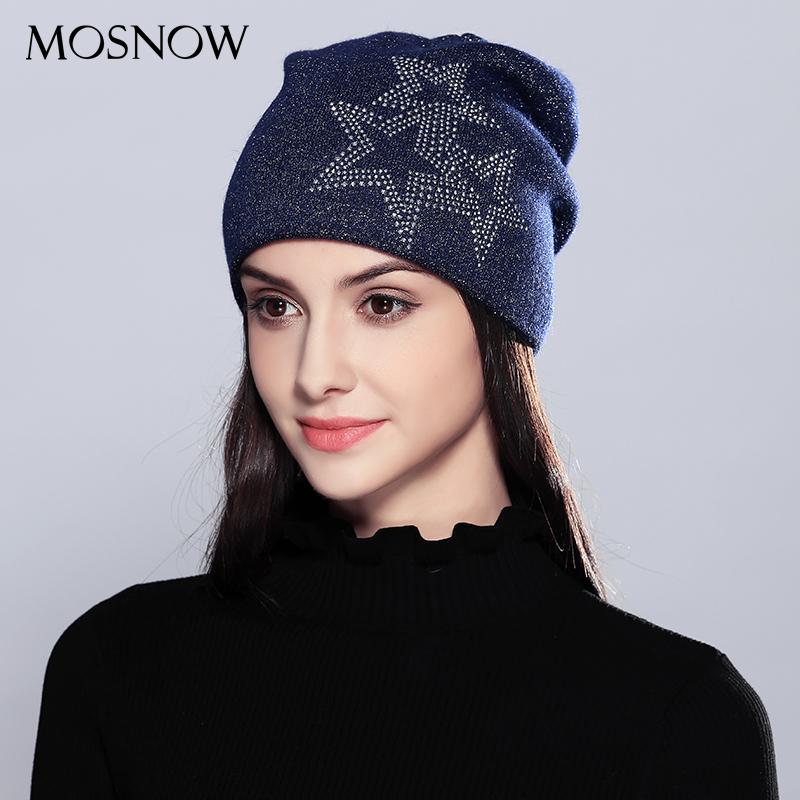 

MOSNOW Wool Women Hats For Girls Five-Pointed Stars 2020 Fashion Autumn Winter Knitted Hat Female Skullies Beanies #MZ716, Black