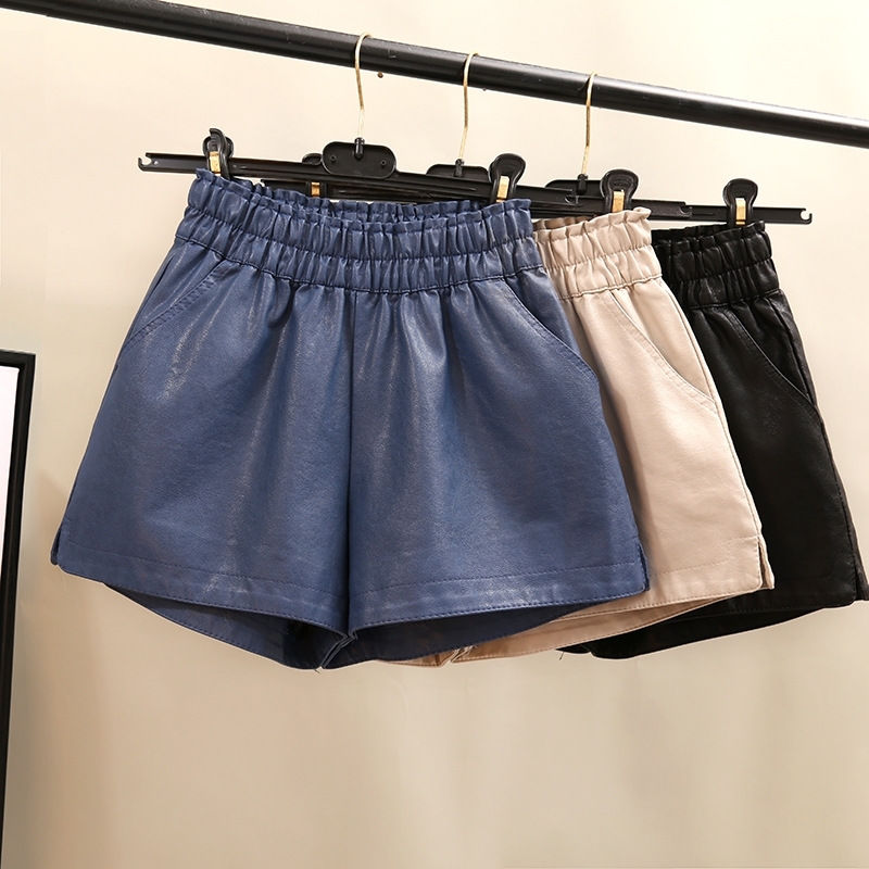 

Khaki Quality Wide Leg Faux Leather High Waist For Women Autumn Loose PU Shorts Y200403, Black