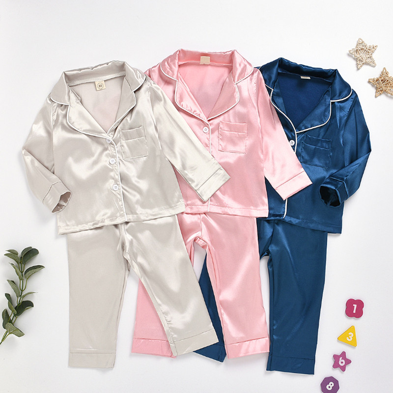 

2020 new children's pajamas set baby suit clothes kids ice silk satin pure color top pants suit home service kids clothes, Blue;red