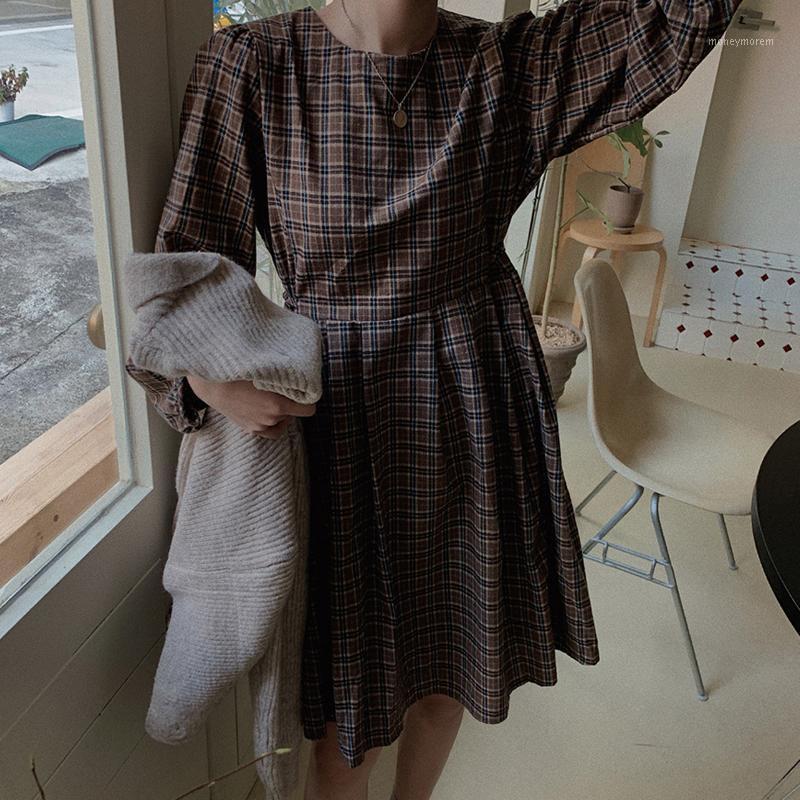 

Japanese Style Kawaii Plaid Mini Dress Female O Neck Long Sleeve Women Dress Vestidos Linen Vintage Pleated High Waist1, Purple dress