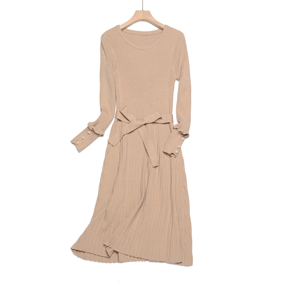 

2021 New Elegant Long Sleeve O-neck Sweater Women Thick Autumn Winter Female Slim Ol A-line Pearl Dress with Belt Qeqn, Dark orange