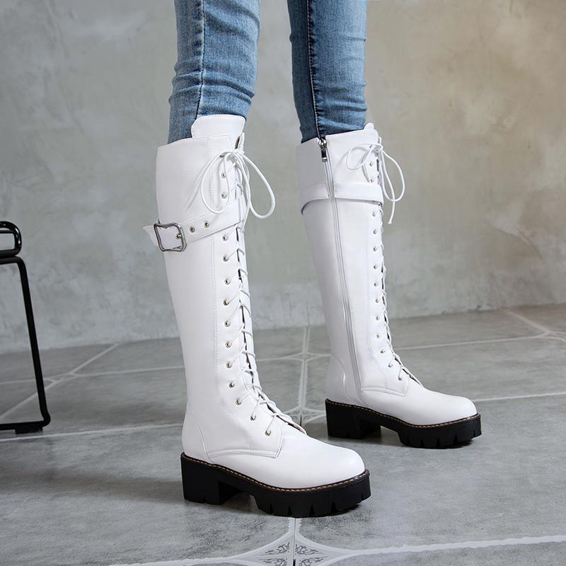 

Hot Sale Spring Autumn Lacing Knee High Boots Women Fashion White Square Heel Platform Woman Leather Shoes Winter PU Large 33-43, Brown