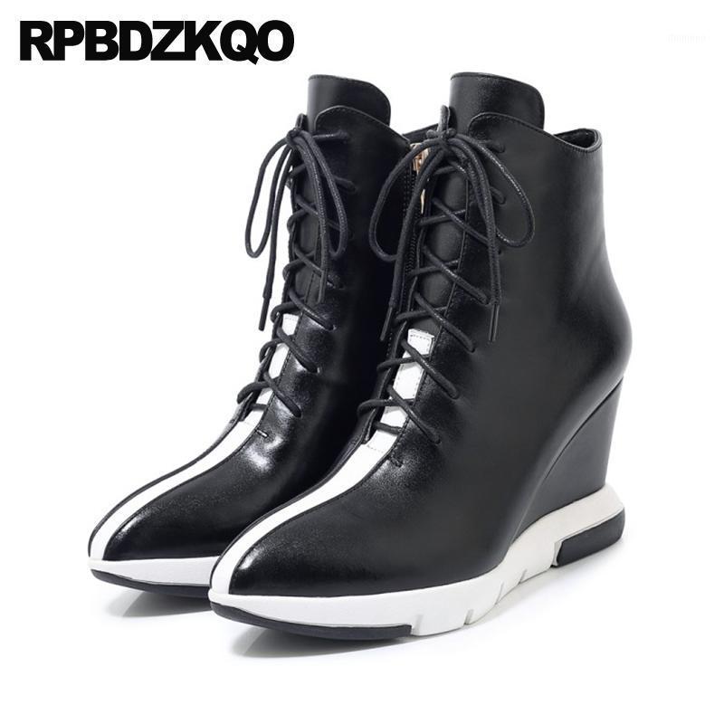 

front lace up casual ankle boots autumn wedge 2020 shoes high heel genuine leather black and white pointed toe booties women1, Multi