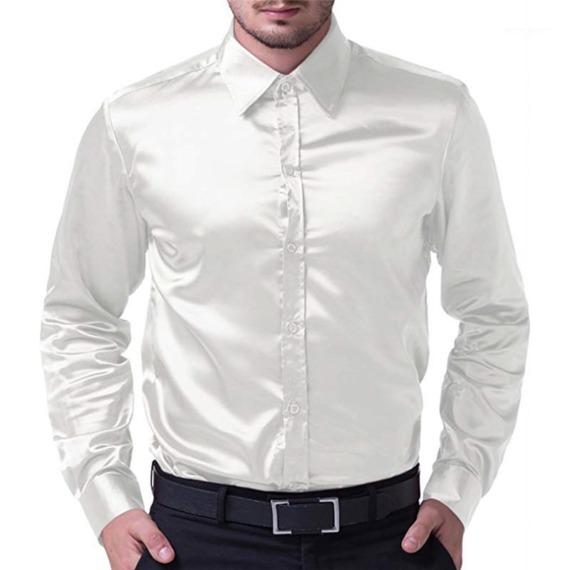 

Pure Color Men Formal Satin Shirts Shiny Silk Wedding Shirt Male Slim Long Sleeve Turn-down Collar Tops Soft Men's Clothes Shirt1, White